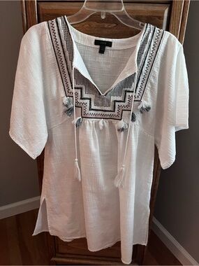 J. Crew White Peasant Tunic with Black Embroidery and Tassels